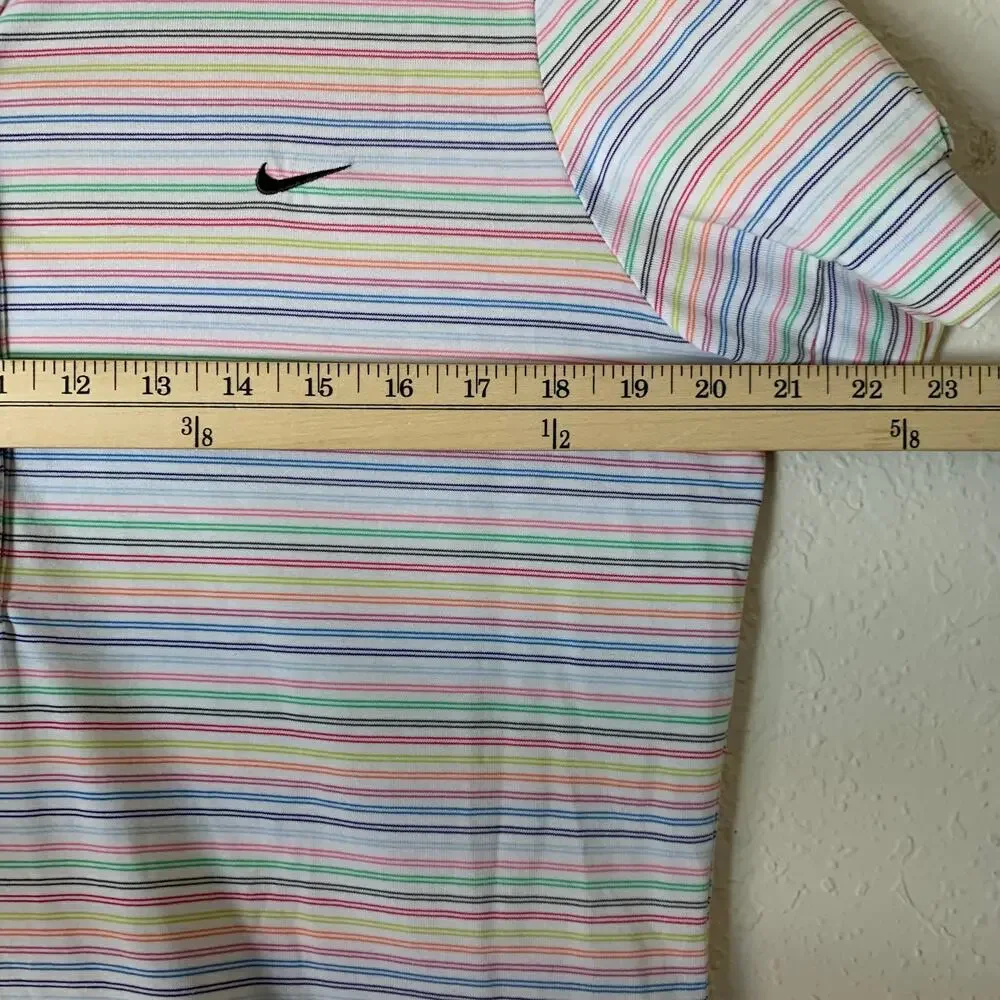 Vtg Nike Womens Large Sz Pastel Horz Rainbow Stripes White Short Slv Polo Shirt